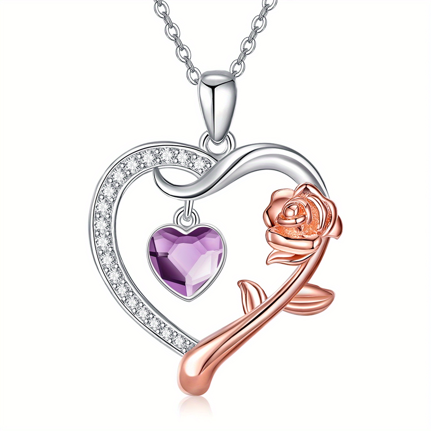 February Birthstone Necklace - Silvery 925 Heart Rose Golden Pendant